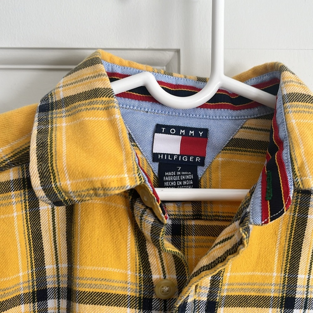 Tommy Hilfiger boys size 7 long sleeve flannel shirt - yellow, blue, white plaid - Picture 2 of 7